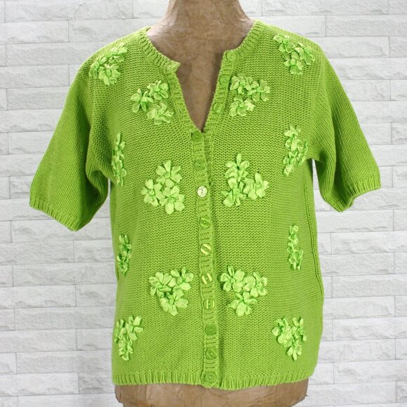 VINTAGE VICTORIA JONES Knit Cardigan Embroidered Floral Short Sleeve Lime MP - Picture 1 of 5